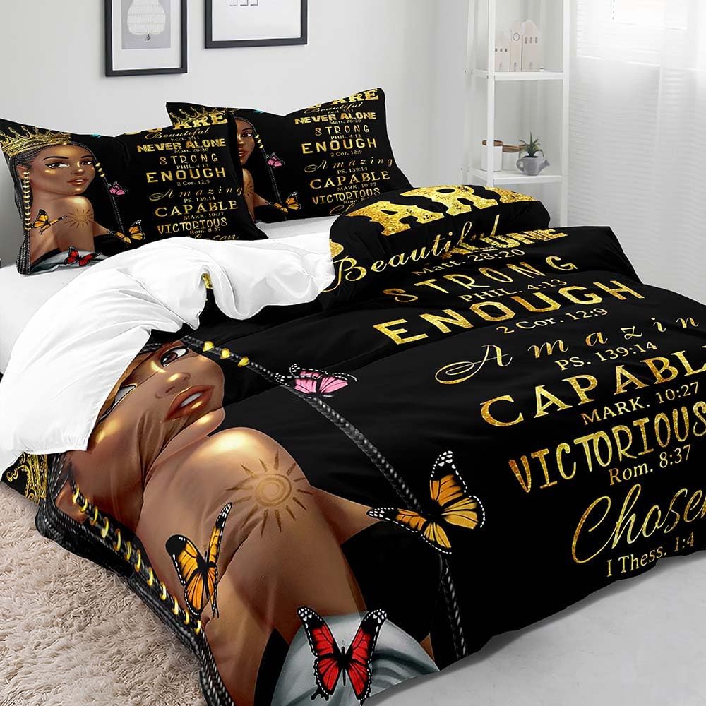 LUVIVIHOME Juego de ropa de cama de 3 piezas para niñas negras afroamericanas, funda de edredón matrimonial, funda de edredón mágica con purpurina