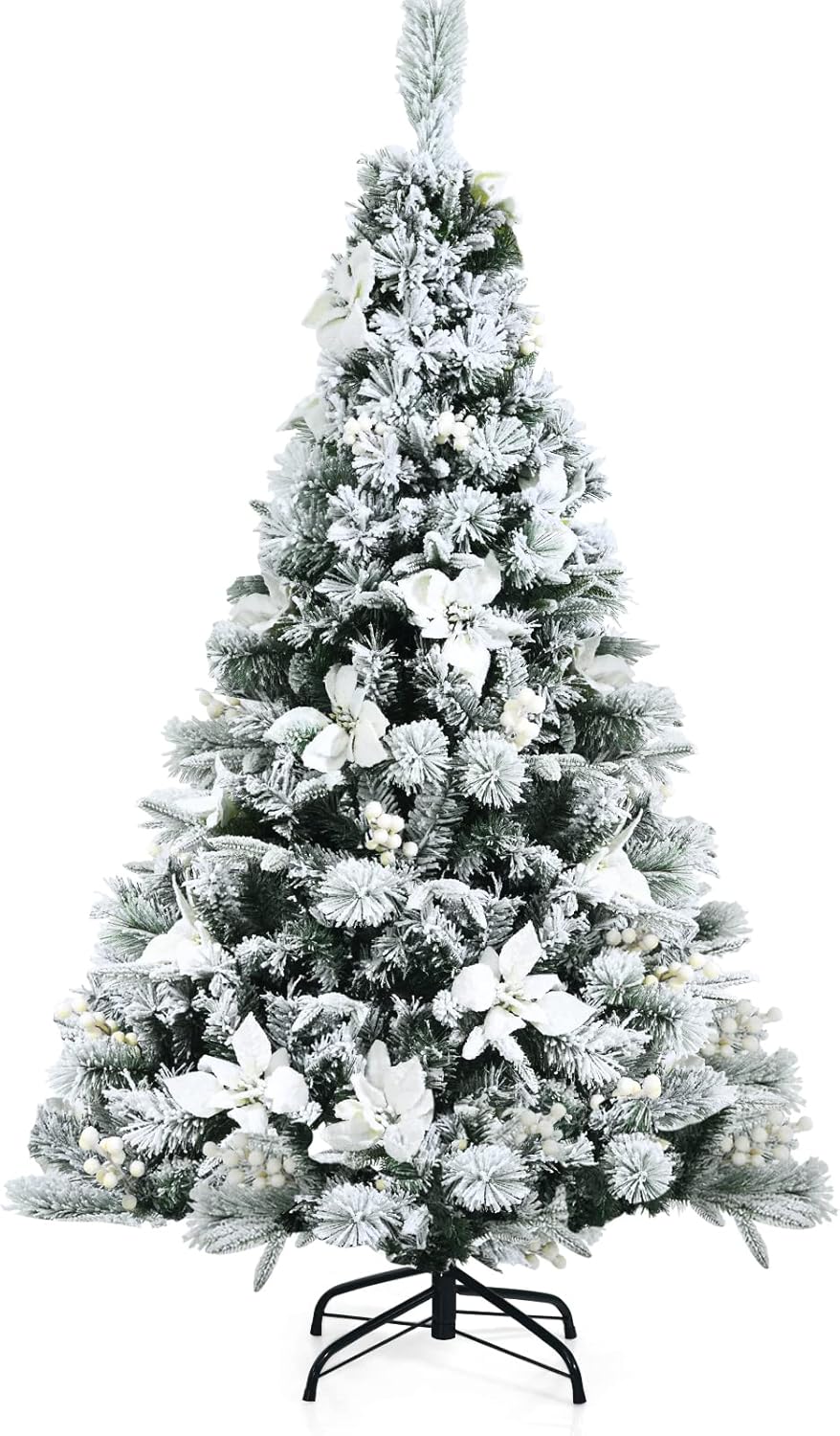 Happygrill Árbol de Navidad artificial de 5 pies con 405 puntas de rama, árbol de Navidad con soporte de metal y bayas blancas y flores
