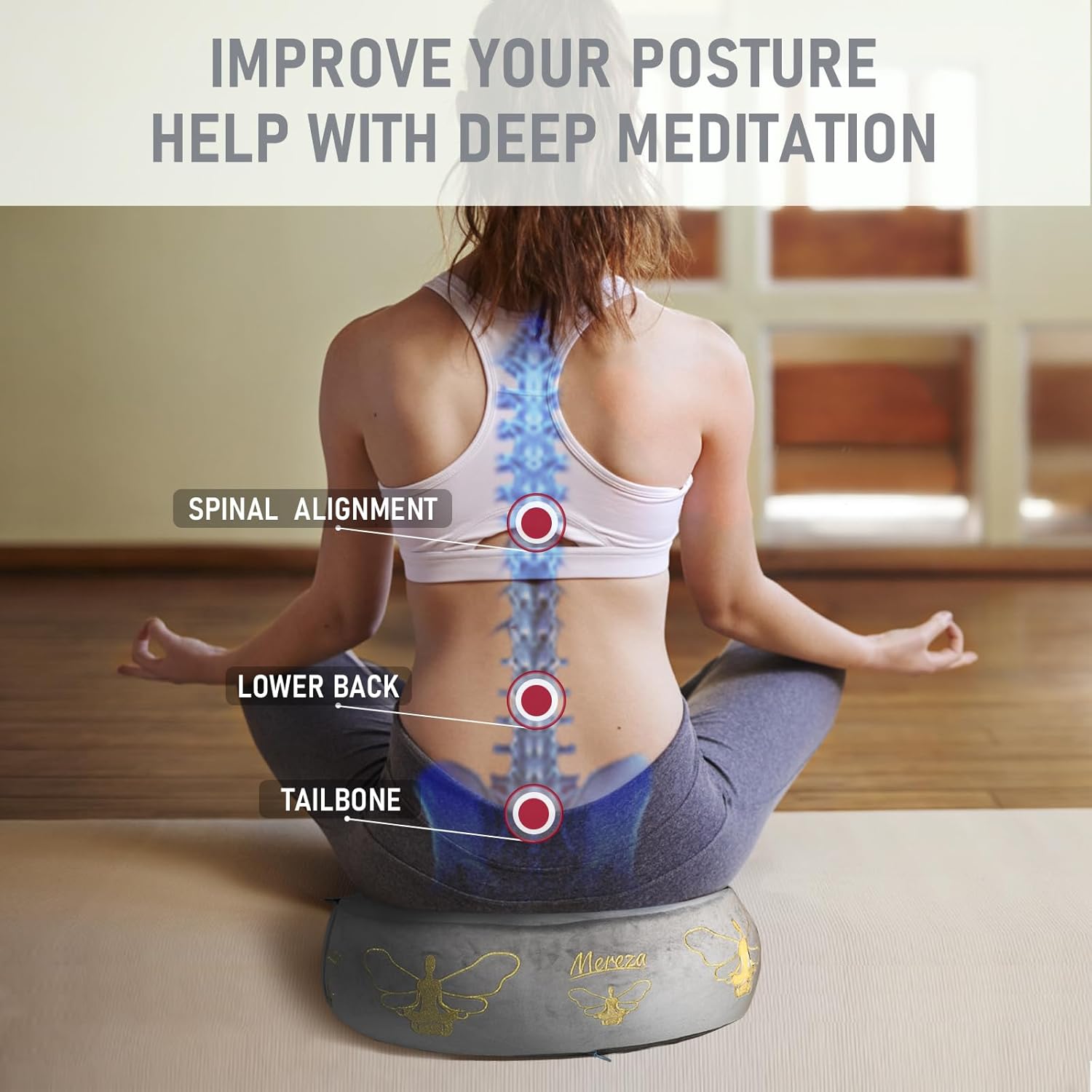 MEREZA Cojín de meditación, almohadas de yoga de 5 pulgadas de grosor para sentarse en el suelo con alforfón para yoga, funda de terciopelo lavable