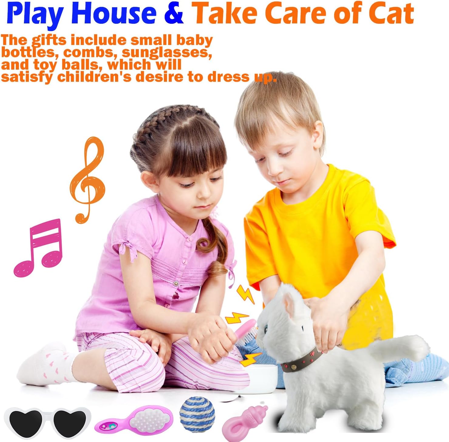 Juego de gato que camina con correa blanca cantando que ronronea y maulla, robot de peluche animado, gatito, mascota en movimiento, realista, animal
