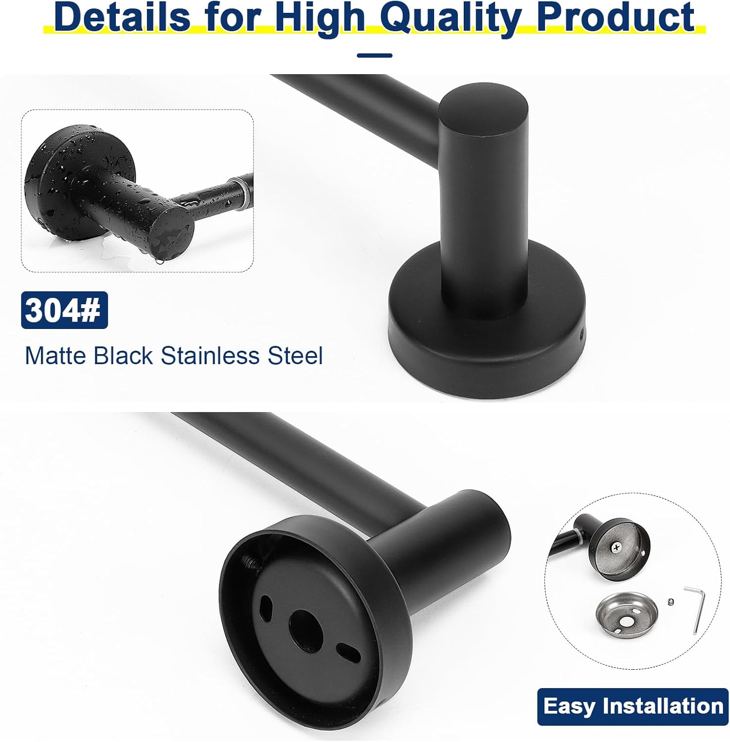 NearMoon Toallero de baño, accesorios de baño, toallero grueso de acero inoxidable para baño, toallero montado en la pared (paquete de 2, negro