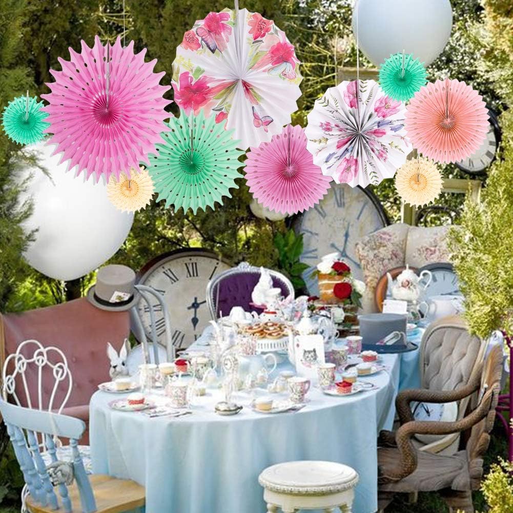 Easy Joy Abanicos de papel decorativos coloridos para colgar, abanicos de papel florales, abanicos de papel arcoíris para fiestas de té, cumpleaños,