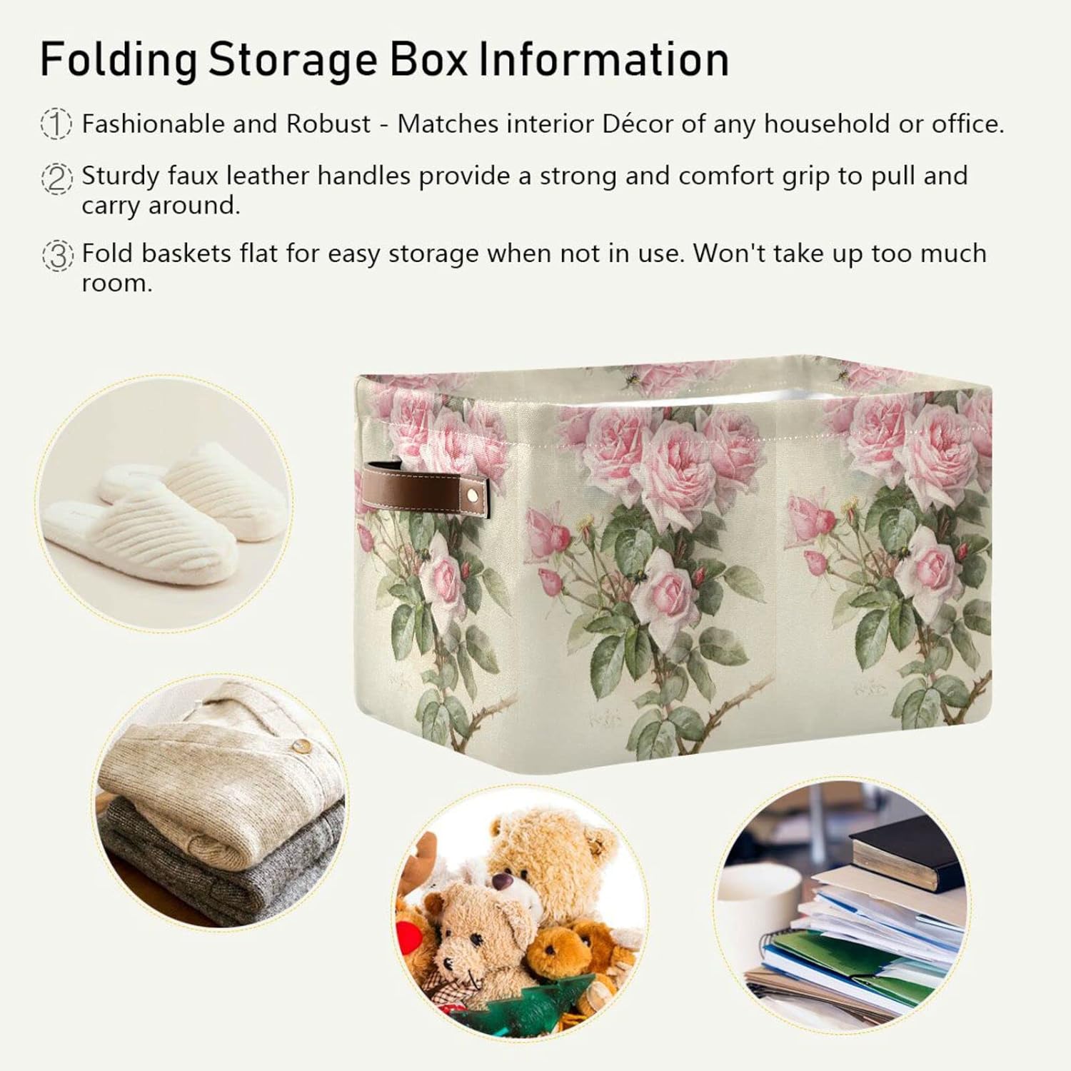 ALAZA Caja de almacenamiento plegable con diseño floral de rosas vintage con asas para estantes, armario, sala de estar, dormitorio, oficina en