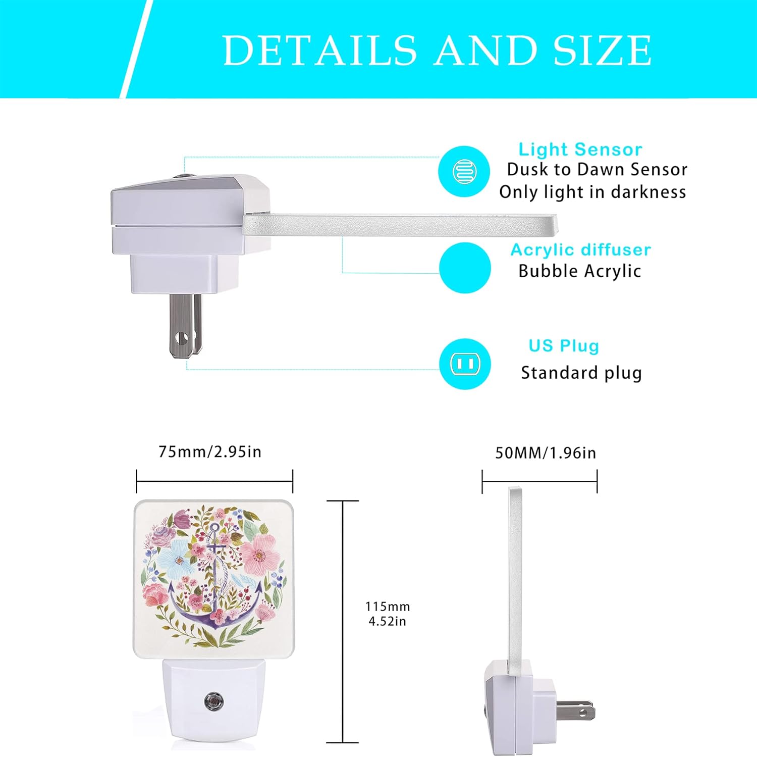 Luz nocturna de ancla, luces de noche con enchufe floral de acuarela de 0.5 W, apto para dormir para niños y niñas, luz nocturna LED con sensor de