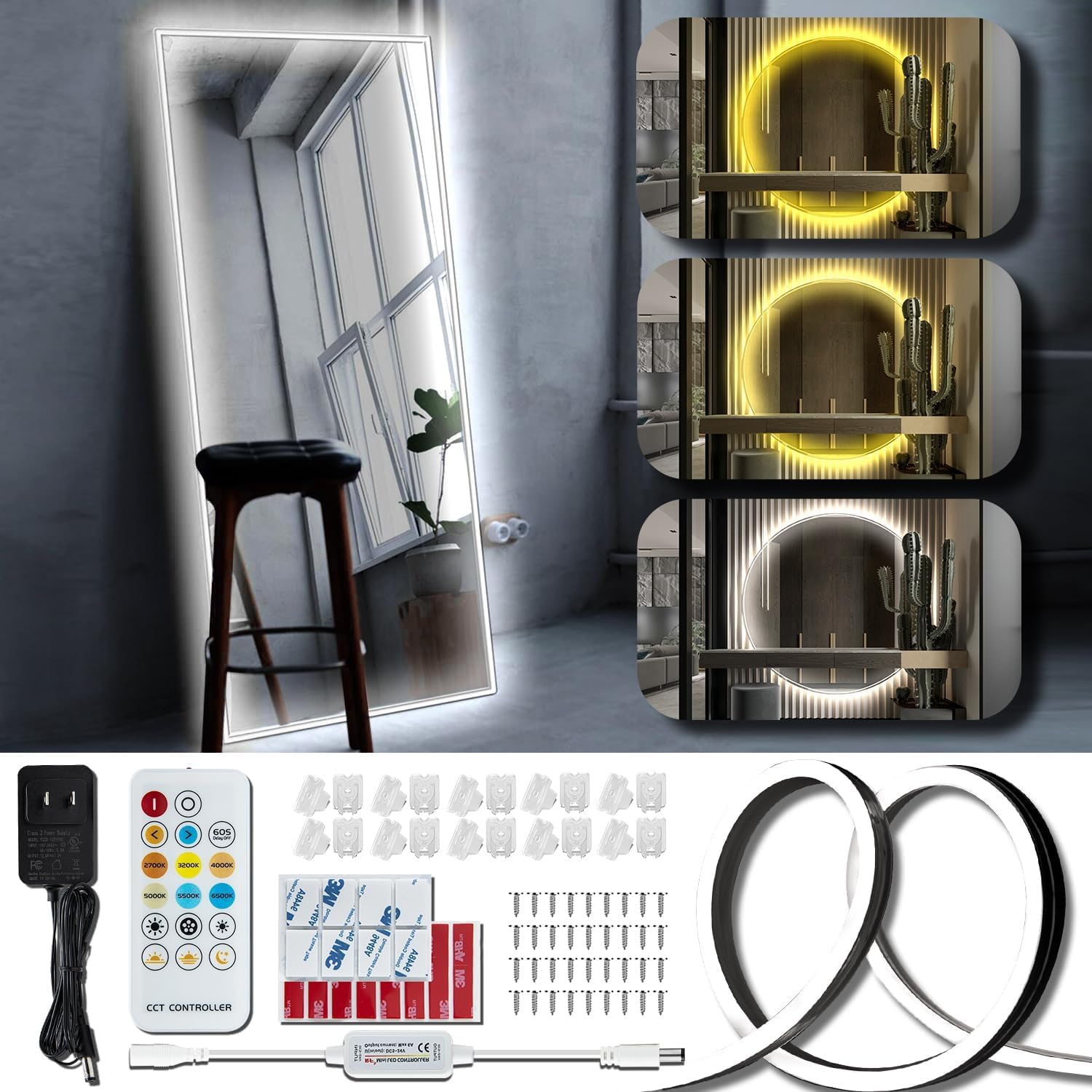 EUGOBRTEN Luz de maquillaje estilo Hollywood, luces LED de neón ultra brillantes de 10 pies de color blanco y blanco cálido, tira de luces de