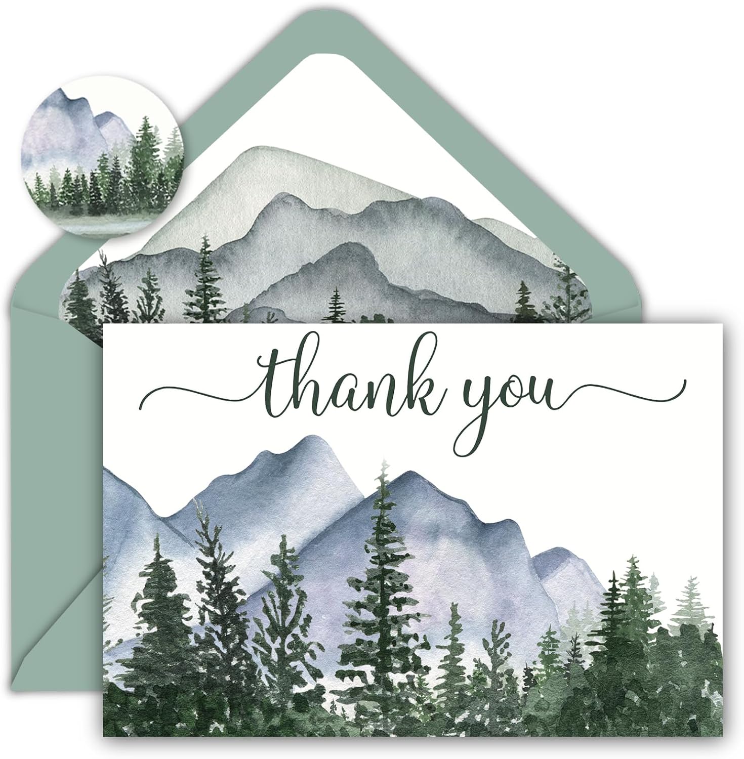 AnyDesign – 25 tarjetas de felicitación de bosque de acuarela, tarjetas de agradecimiento con sobres y calcomanías adhesivas, tarjeta de regalo en