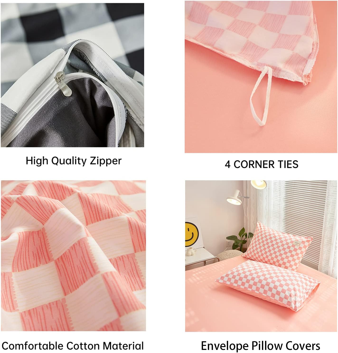 Juego de funda de edredón a cuadros de color rosa, tamaño matrimonial, suave 100% algodón lavado, 4 piezas, 1 funda de edredón + 2 fundas de