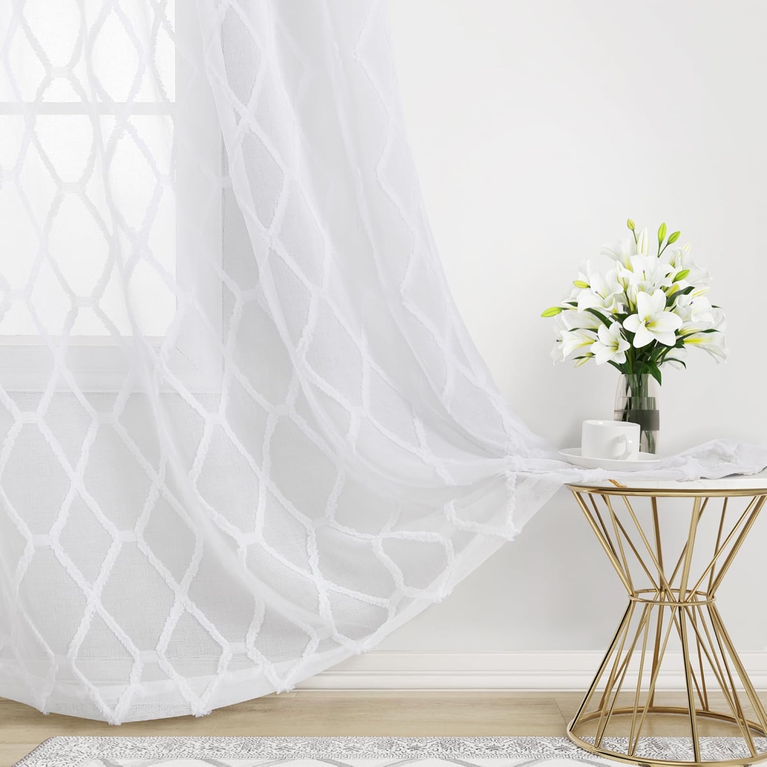 2 paneles de cortinas traslúcidas blancas de 84 pulgadas de largo para sala de estar, pestañas traseras, cortinas traslúcidas texturizadas con