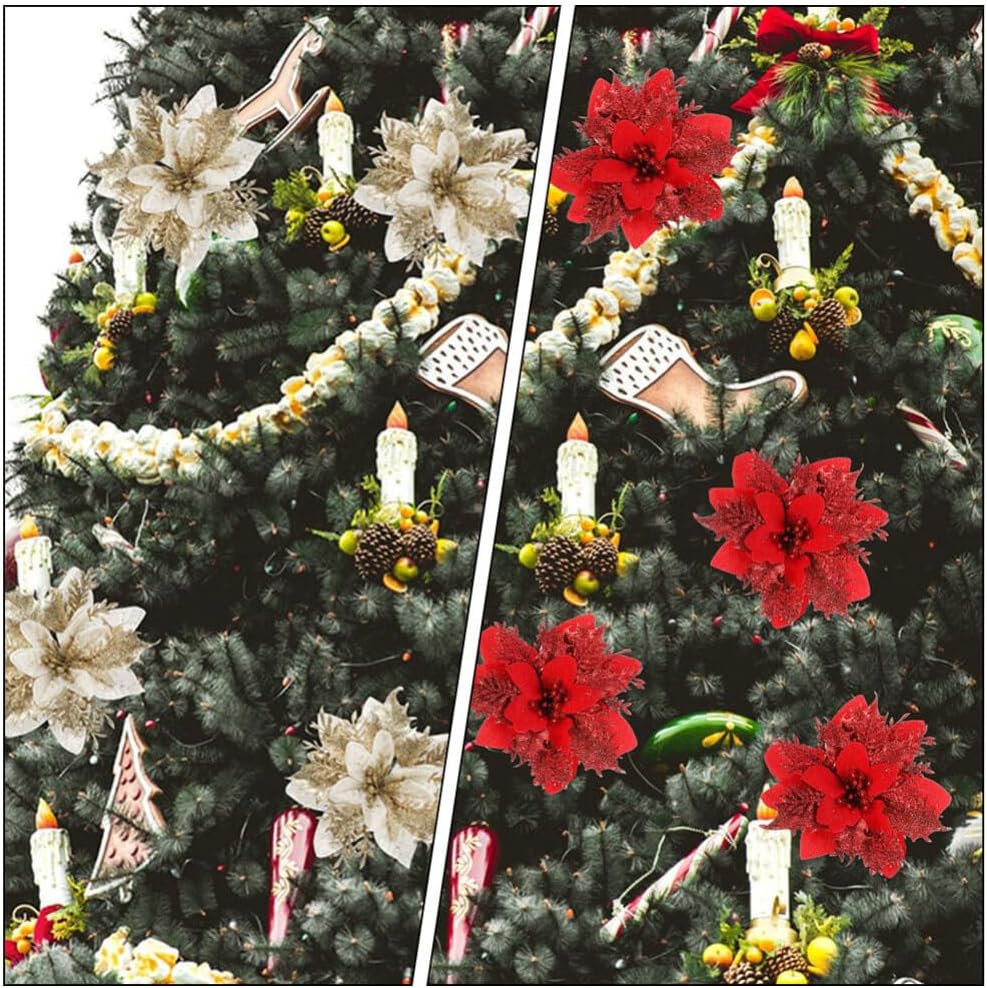 VOSAREA Decoraciones de Navidad, 24 piezas de flores de pascua de Navidad con purpurina artificial, flores en aerosol para árbol de Navidad,