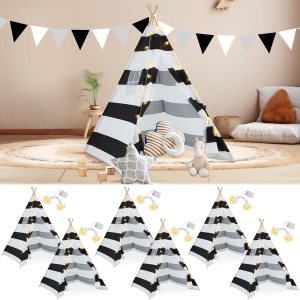 Woanger Juego de 6 tiendas de campaña tipo tipi para niños con cadena de luz de 10 pies, tienda de campaña plegable de lona de algodón, luces LED de Woanger Juego de 6 tiendas de campaña tipo tipi para niños con cadena de luz de 10 pies, tienda de campaña plegable de lona de algodón, luces LED de
