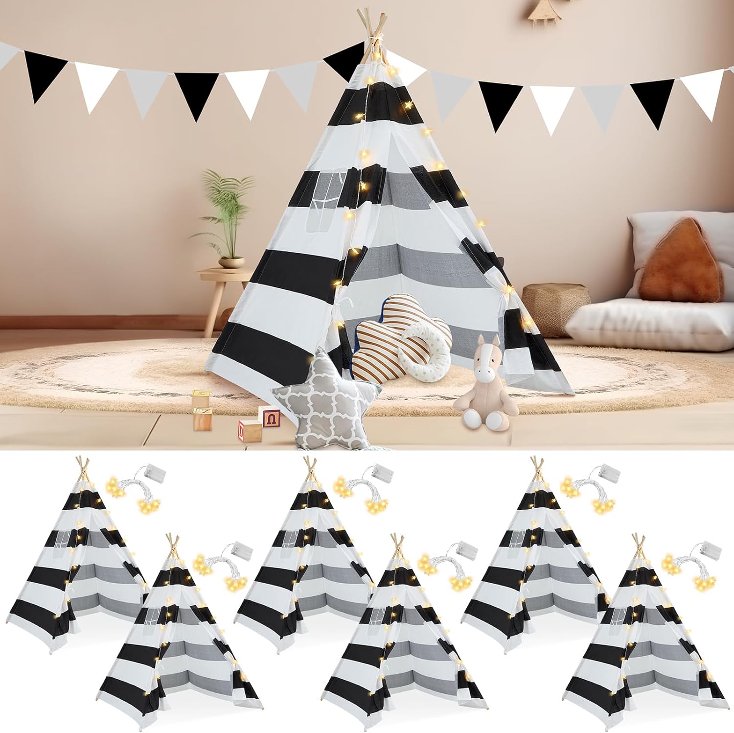Woanger Juego de 6 tiendas de campaña tipo tipi para niños con cadena de luz de 10 pies, tienda de campaña plegable de lona de algodón, luces LED de