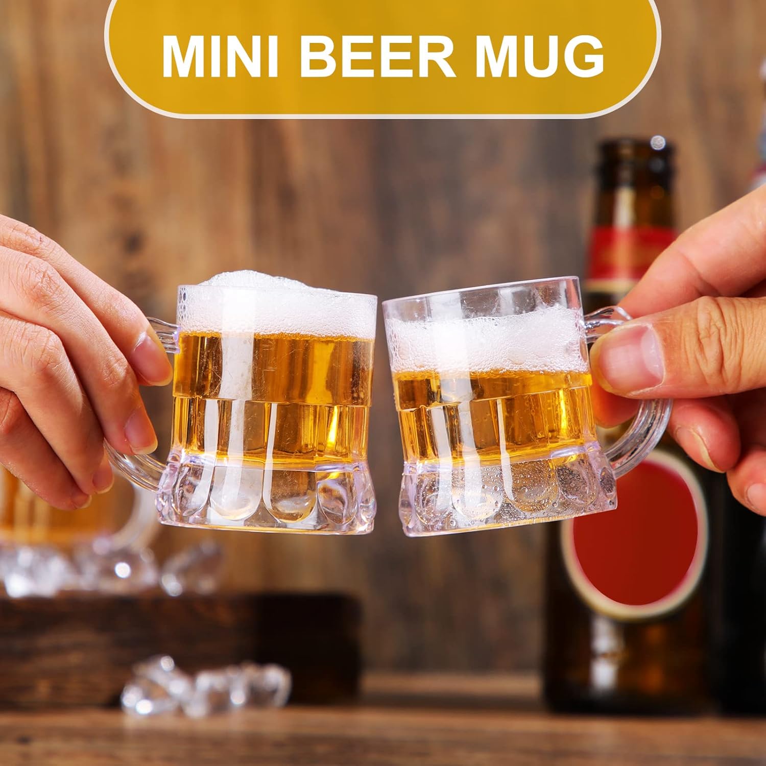 Yinder Mini taza de cerveza de 2 onzas, vasos de chupito de plástico con asas, base sólida transparente, vasos de degustación de cerveza