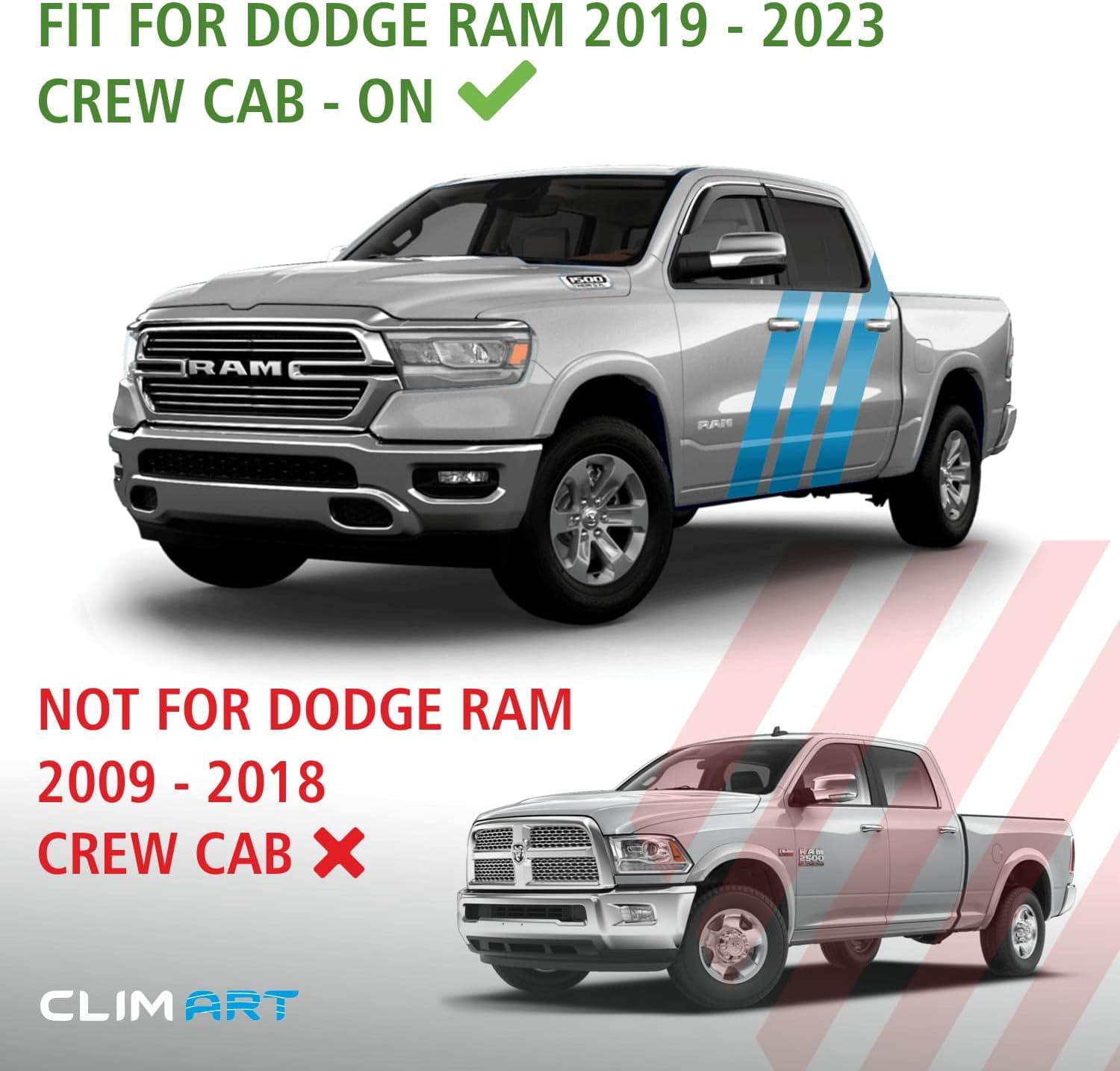 CLIM ART Protectores de lluvia increíblemente duraderos con ribete cromado para Dodge Ram 1500 2019-2024 Crew Cab, deflectores de ventana con cinta