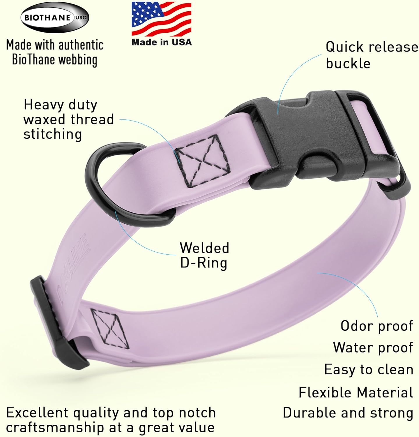 Dogline Biothane – Collar impermeable para perro con hebilla de liberación rápida, resistente cincha de nailon recubierta con resistente y a prueba