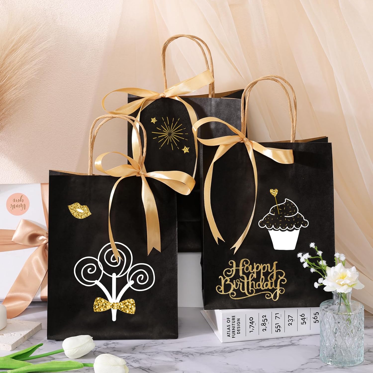 Moretoes 75 bolsas de regalo negras de 8 x 4 x 10 pulgadas, tamaño mediano a granel, bolsas de papel con asas, bolsas de regalo para pequeñas