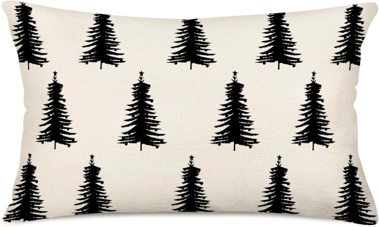 Fukeen Fundas de almohada de 12 x 20 pulgadas para decoración de árbol de Navidad con diseño de árboles de pino blanco y negro, fundas de almohada