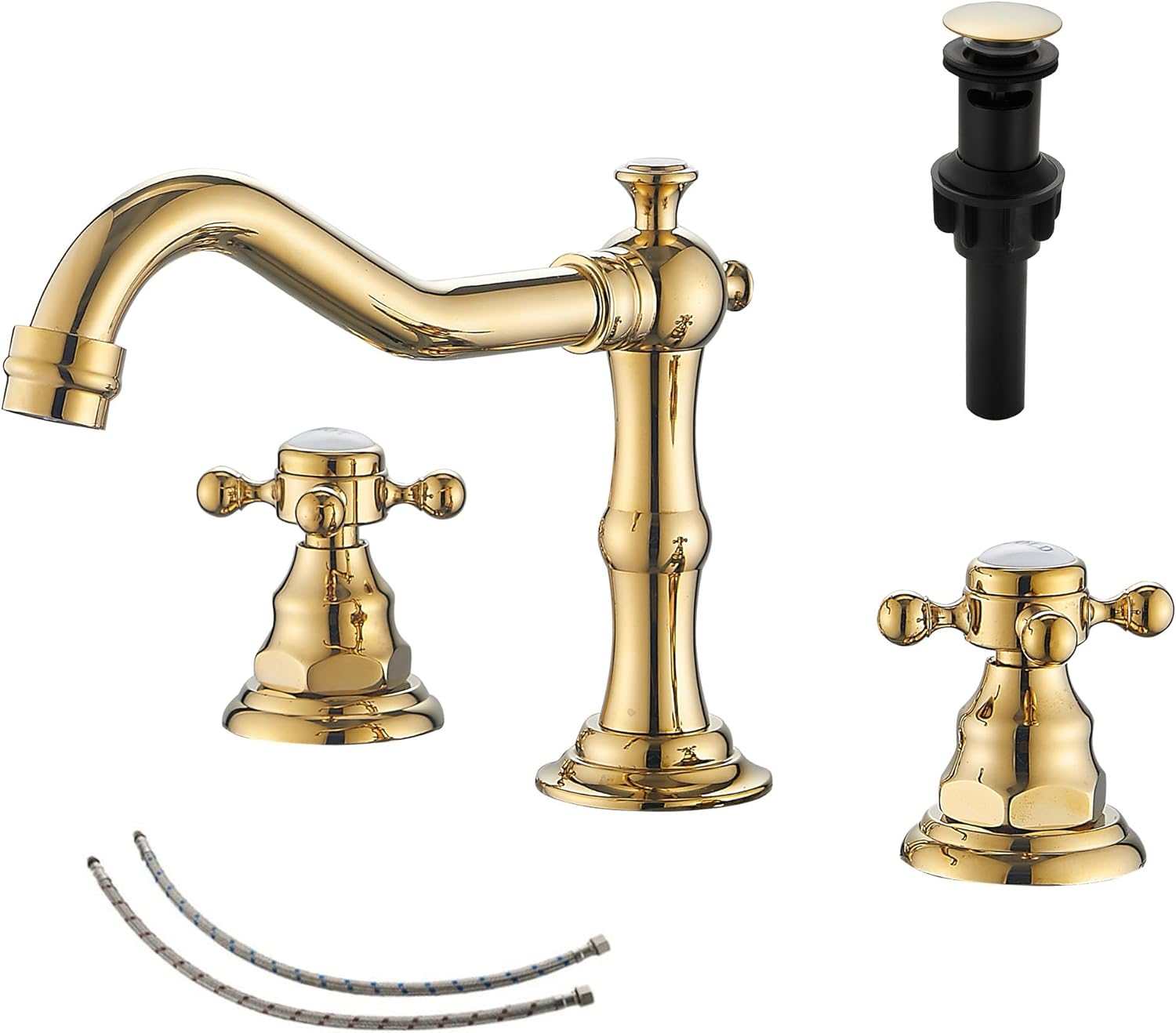 GGStudy Grifo de lavabo de baño con 2 asas, 3 agujeros, grifo de lavabo de oro pulido, manguera de suministro incluida de metal a juego con drenaje