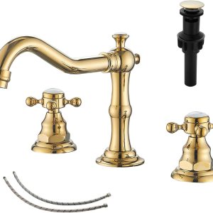 GGStudy Grifo de lavabo de baño con 2 asas, 3 agujeros, grifo de lavabo de oro pulido, manguera de suministro incluida de metal a juego con drenaje GGStudy Grifo de lavabo de baño con 2 asas, 3 agujeros, grifo de lavabo de oro pulido, manguera de suministro incluida de metal a juego con drenaje