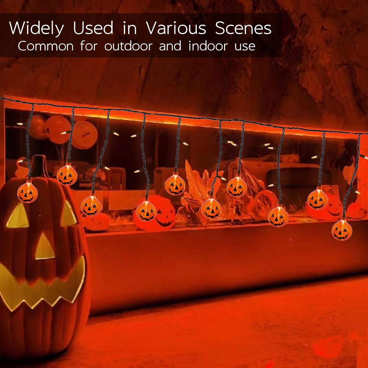 Luces de otoño y Halloween enchufables de 7 pies de largo, 25 unidades, mini cortina de luces con 10 unidades de Halloween, farol Jack O Lantern,