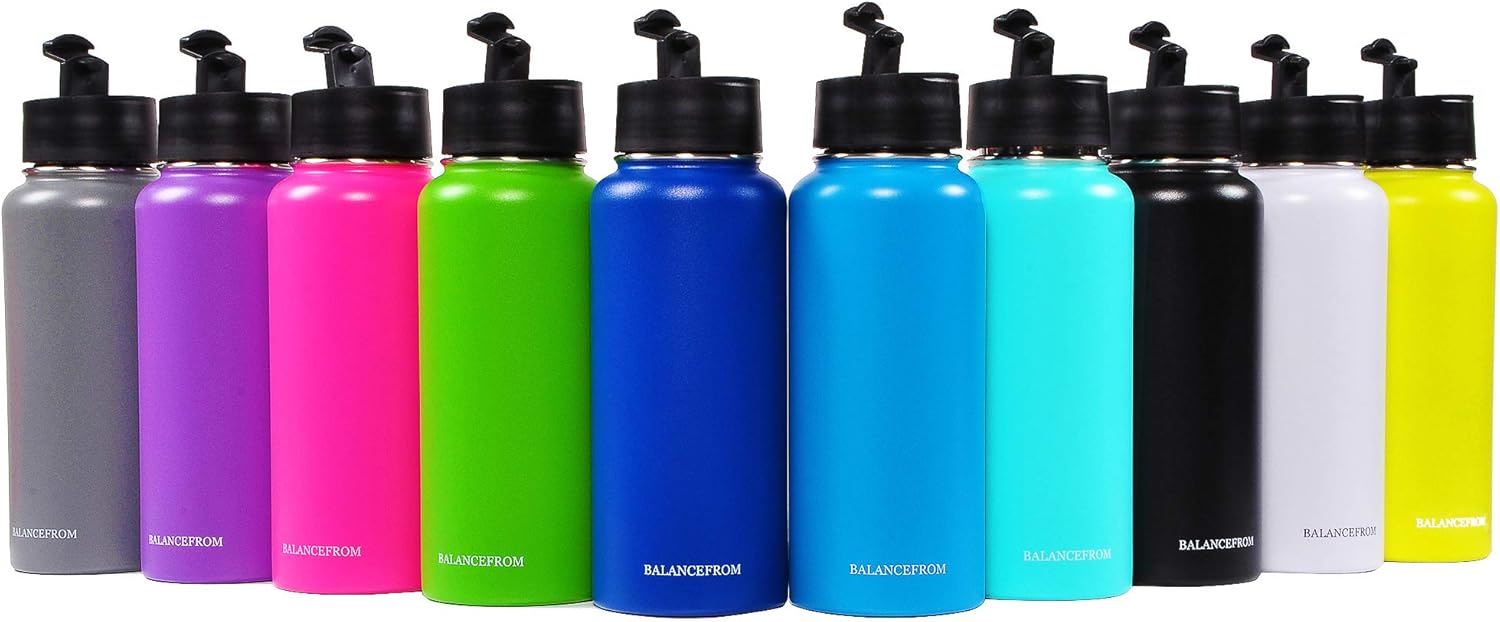 Signature Fitness Botella de agua de acero inoxidable con aislamiento al vacío de doble pared, 3 tapas incluidas, varios colores y tamaños