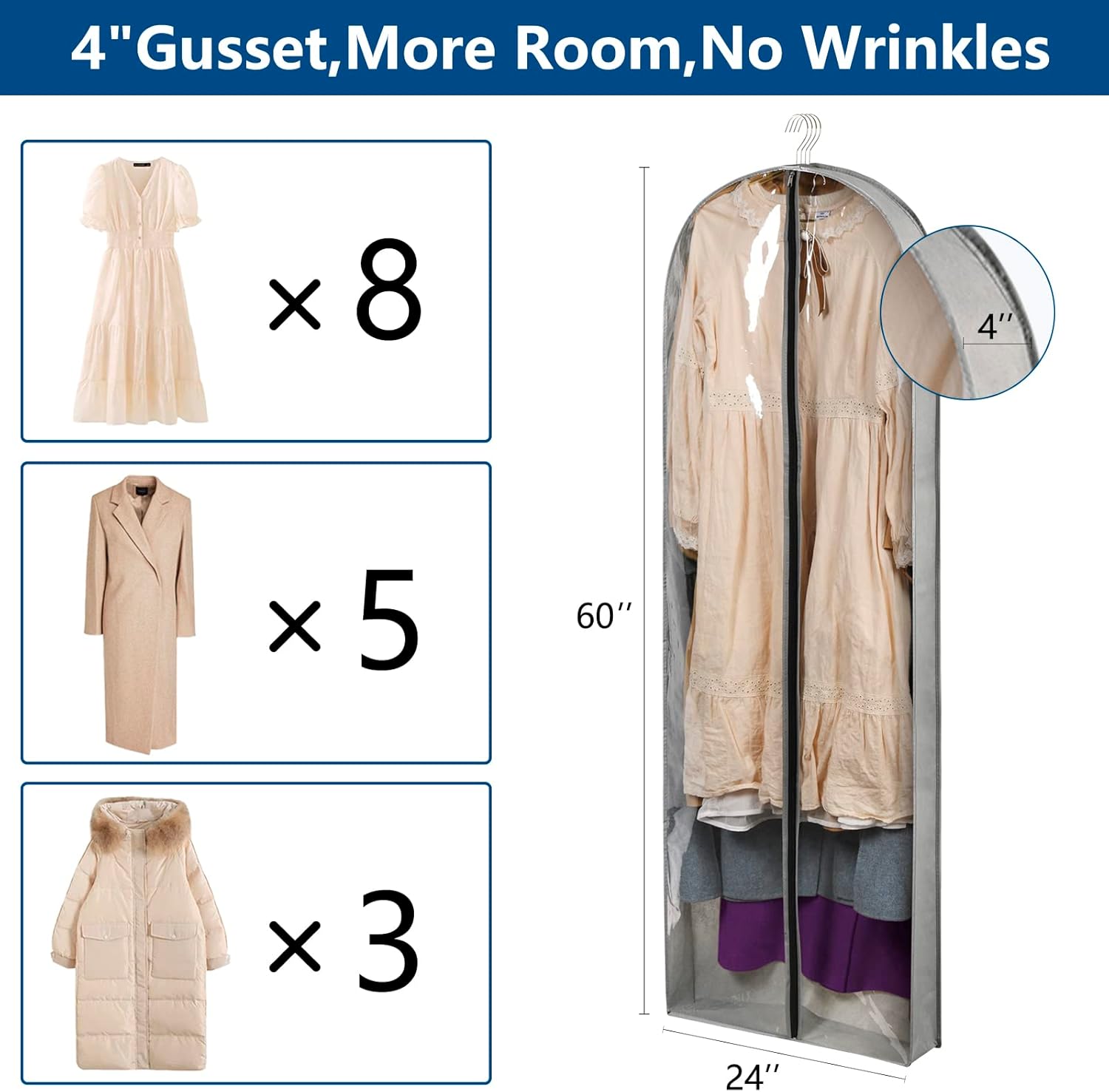 Paquete de 3 bolsas de ropa de 60 pulgadas de largo para colgar ropa, fundas transparentes a prueba de polillas con refuerzos de 4 pulgadas para