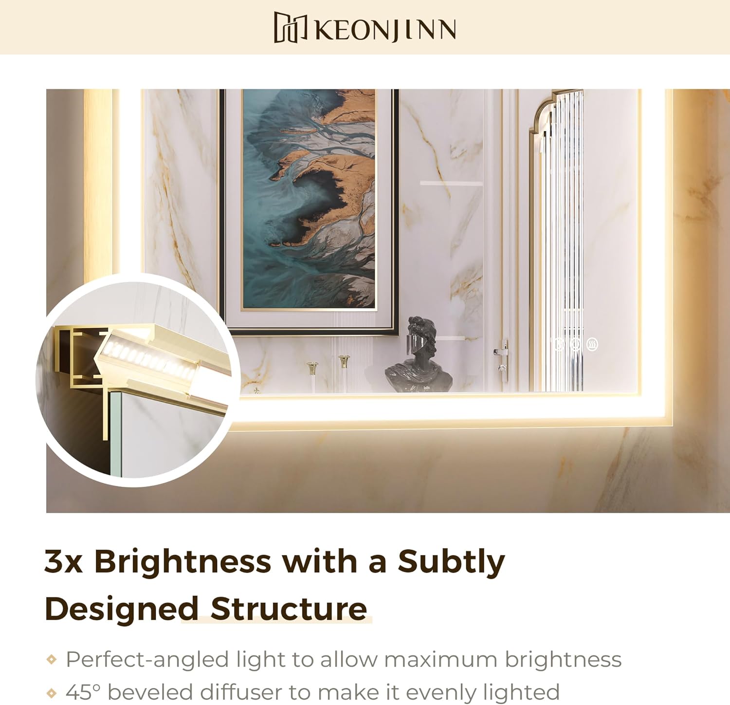 Keonjinn Espejo de baño LED dorado de 60 x 36 pulgadas con parte delantera, luz en ángulo de 45, difusor biselado, espejo de pared dorado con marco