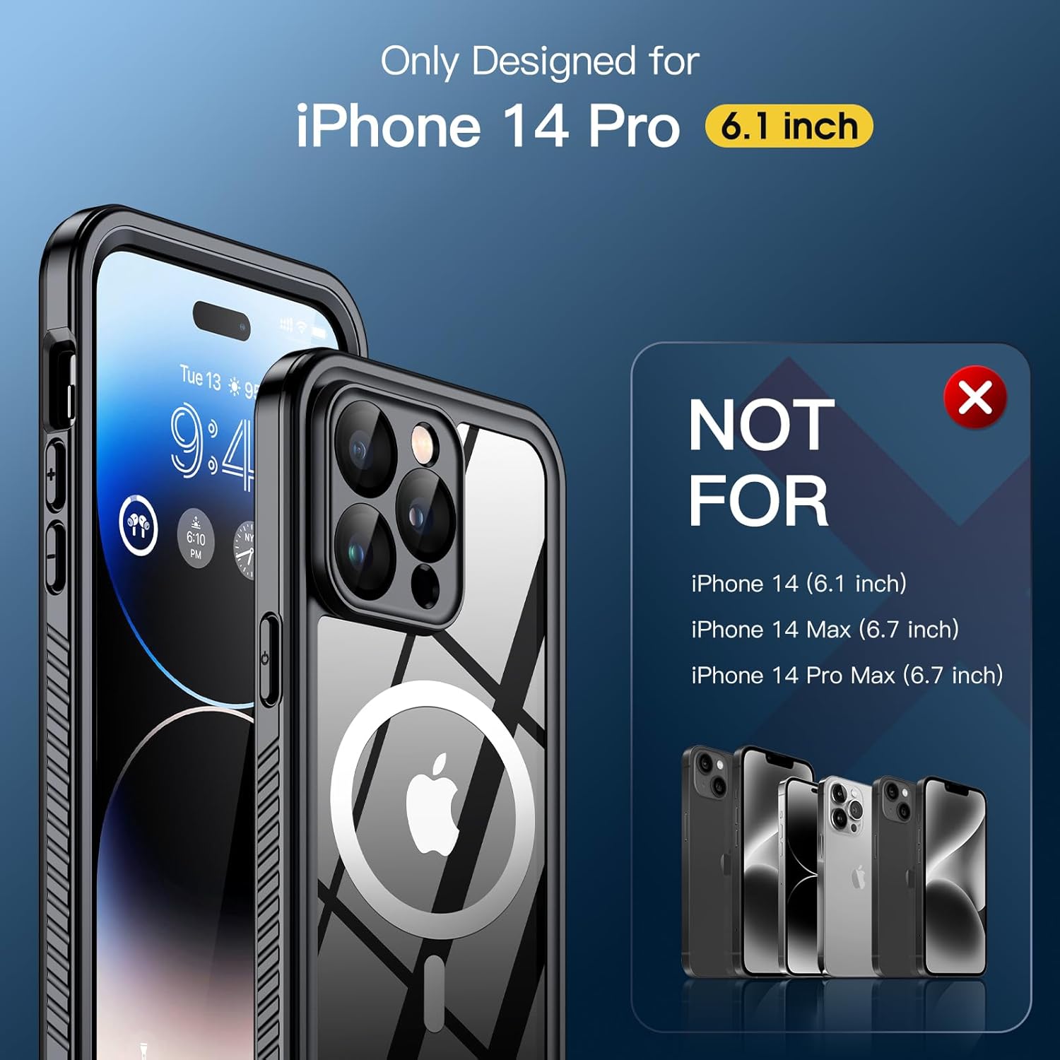 Humixx Funda impermeable para iPhone 14 Pro con anillo magnético, lente 9H integrada y protector de pantalla IP68 bajo el agua compatible con