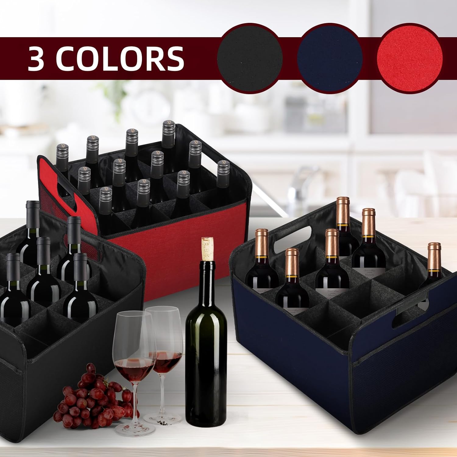 LITLANDSTAR Portador de vino para 12 botellas, caja de almacenamiento plegable para botellas de vino, botella de licor de fieltro de alta calidad