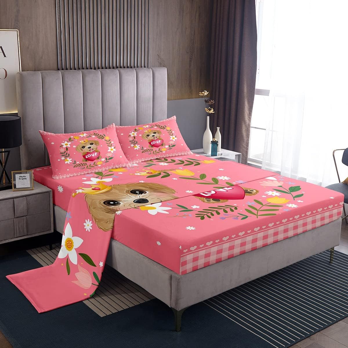 Erosebridal Juego de sábanas de tamaño individual para niños y perros, juego de sábanas con estampado de amor de dibujos animados, diseño de