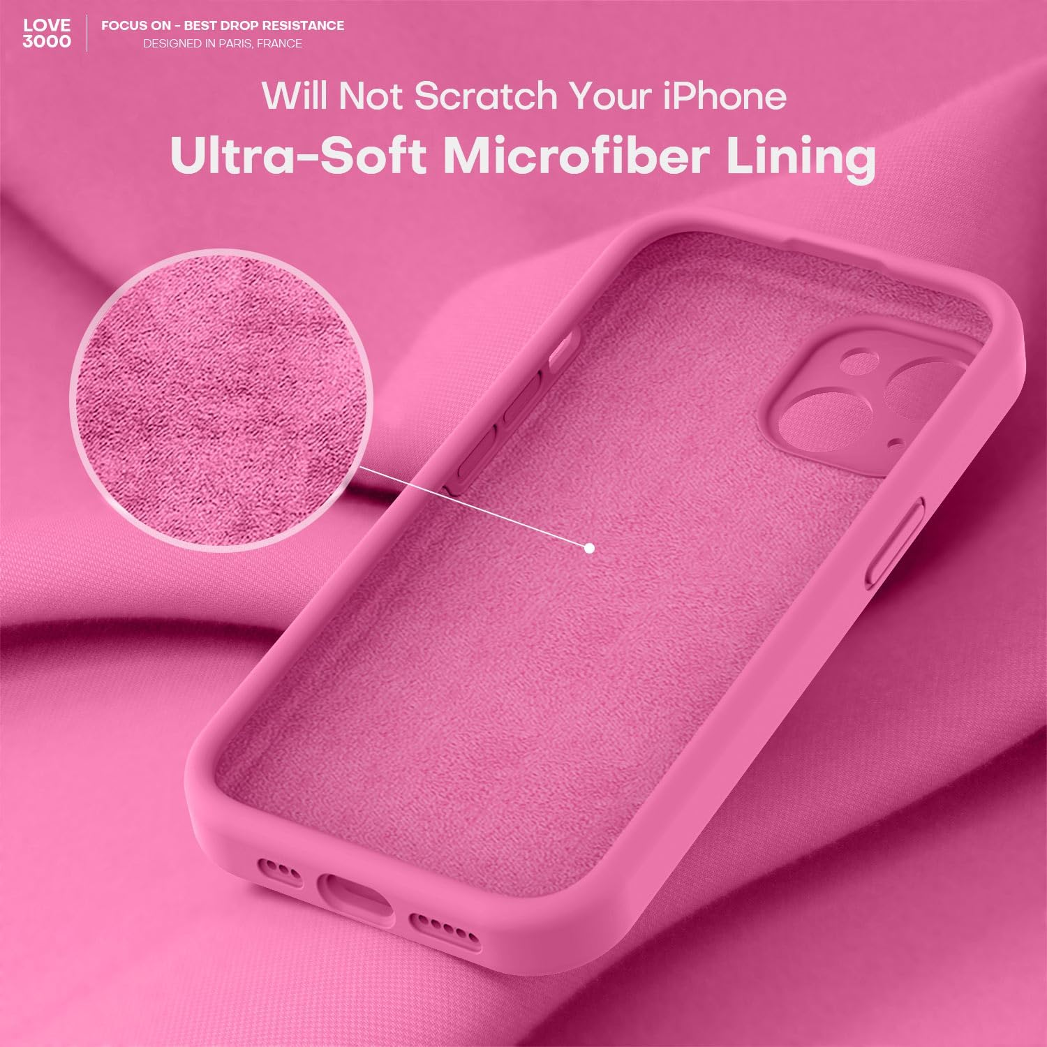 LOVE 3000 Funda compatible con iPhone 13, protección de cámara, goma de silicona líquida de alta calidad, forro de microfibra suave, funda de