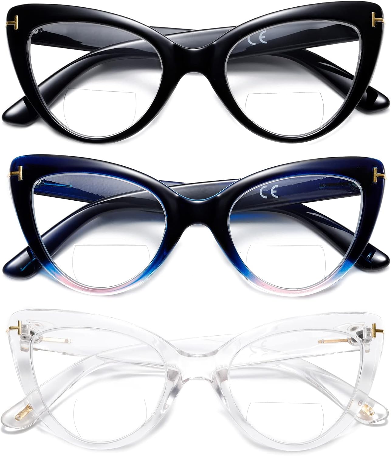 MMOWW Gafas de lectura bifocales de ojo de gato a la moda, lindo lector para mujer, paquete de 3 + 3.5