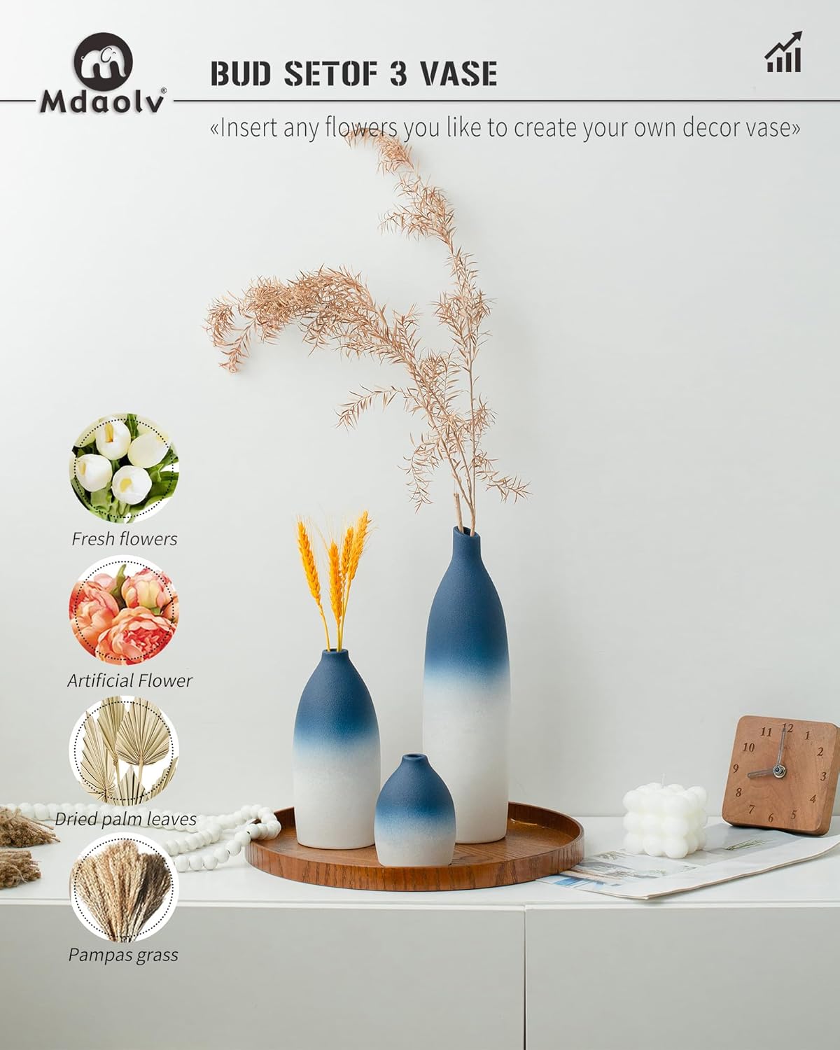 Juego de jarrones azul y blanco para decoración costera de isla de cocina, sala de estar, mesa de oficina, chimenea, decoración de repisa y baño,
