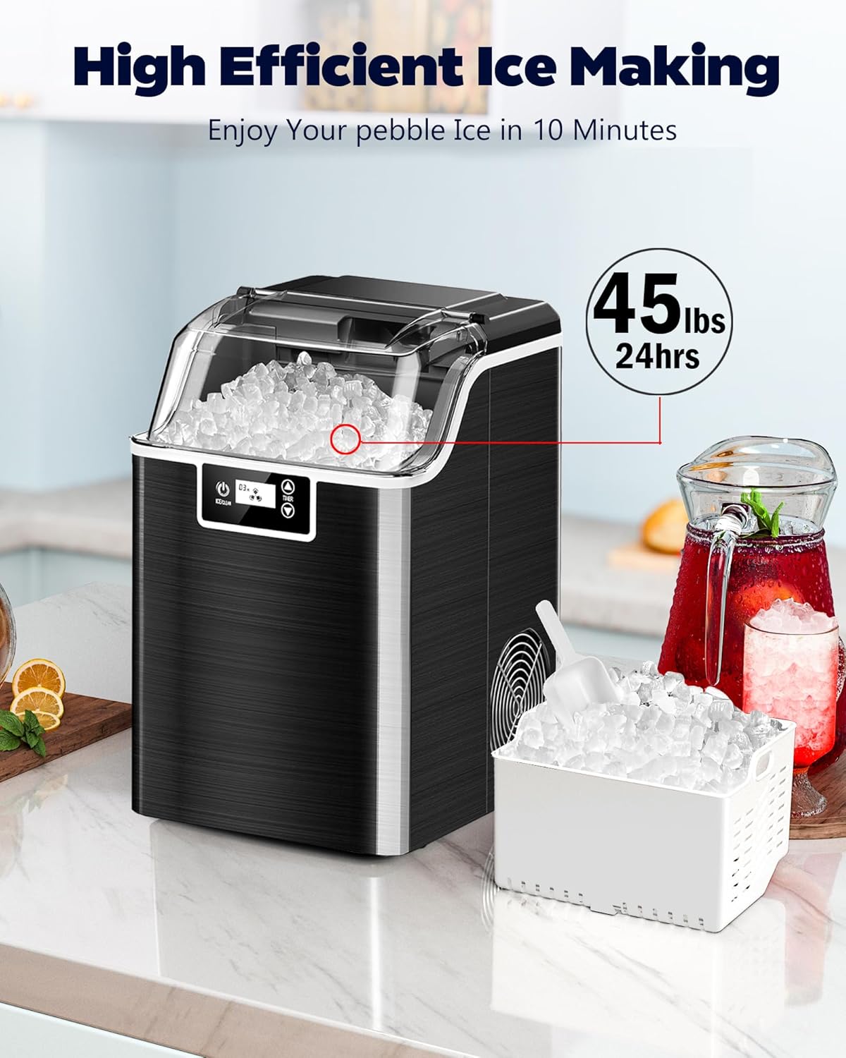 Kndko Nugget – Máquina de hielo triturado, 45 librasdía, temporizador de 24 horas, máquina de hielo autolimpiante, cubos de hielo para fiesta de bar