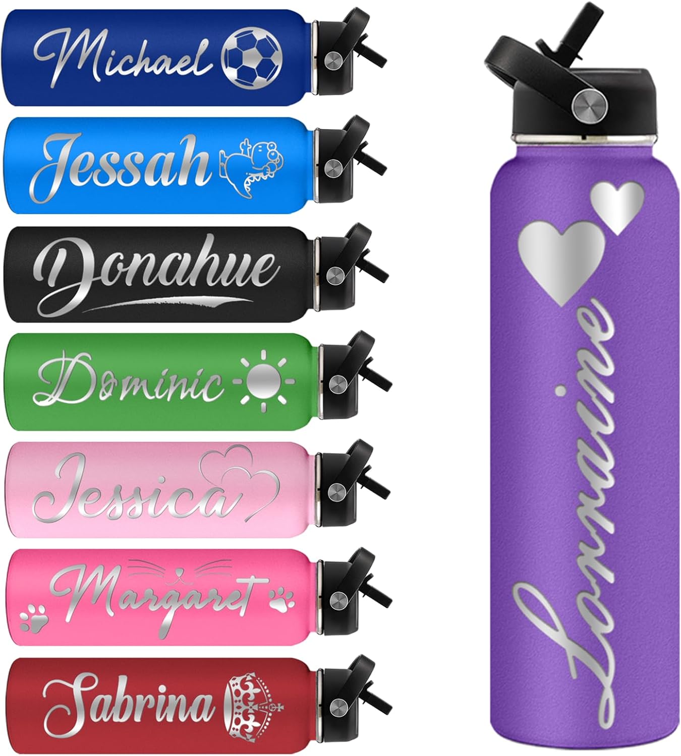 GBVllexuii Botellas de agua personalizadas de acero inoxidable con tapa de pajilla, botella de agua deportiva aislada de 32 onzas con nombre grabado
