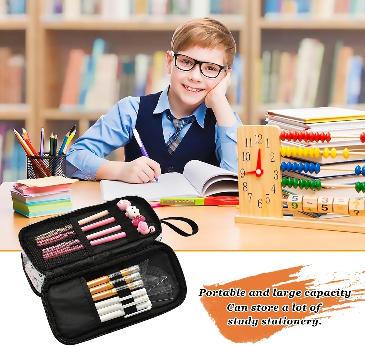 Lindo estuche para lápices de hipopótamo para bebés, estuche grande para lápices para niños, niñas, compartimentos con cremallera, gran capacidad,