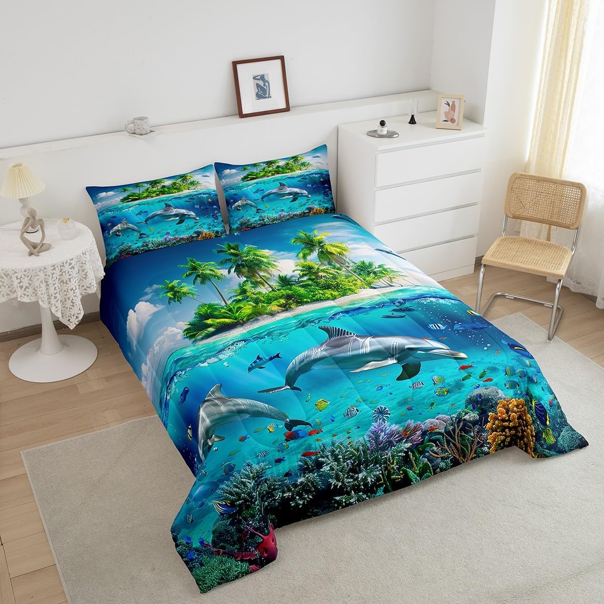 Underwater World – Juego de ropa de cama con relleno de edredón de playa hawaiana, tamaño Queen, isla mediterránea, juego de edredón tropical de