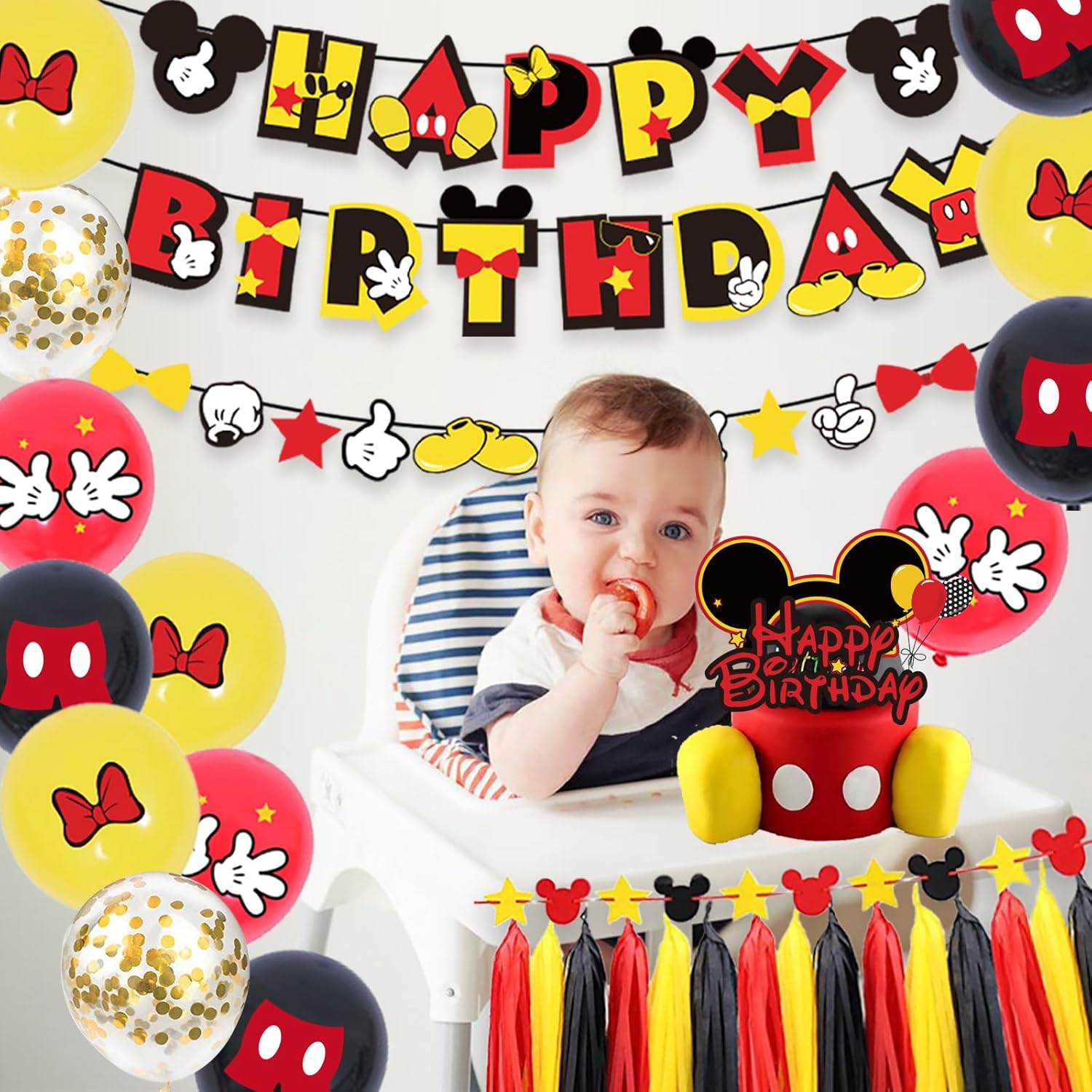 PRATYUS Decoraciones de cumpleaños de Mickey para regalos de fiesta con pancarta de cumpleaños y guirnalda, decoración de pastel y globos