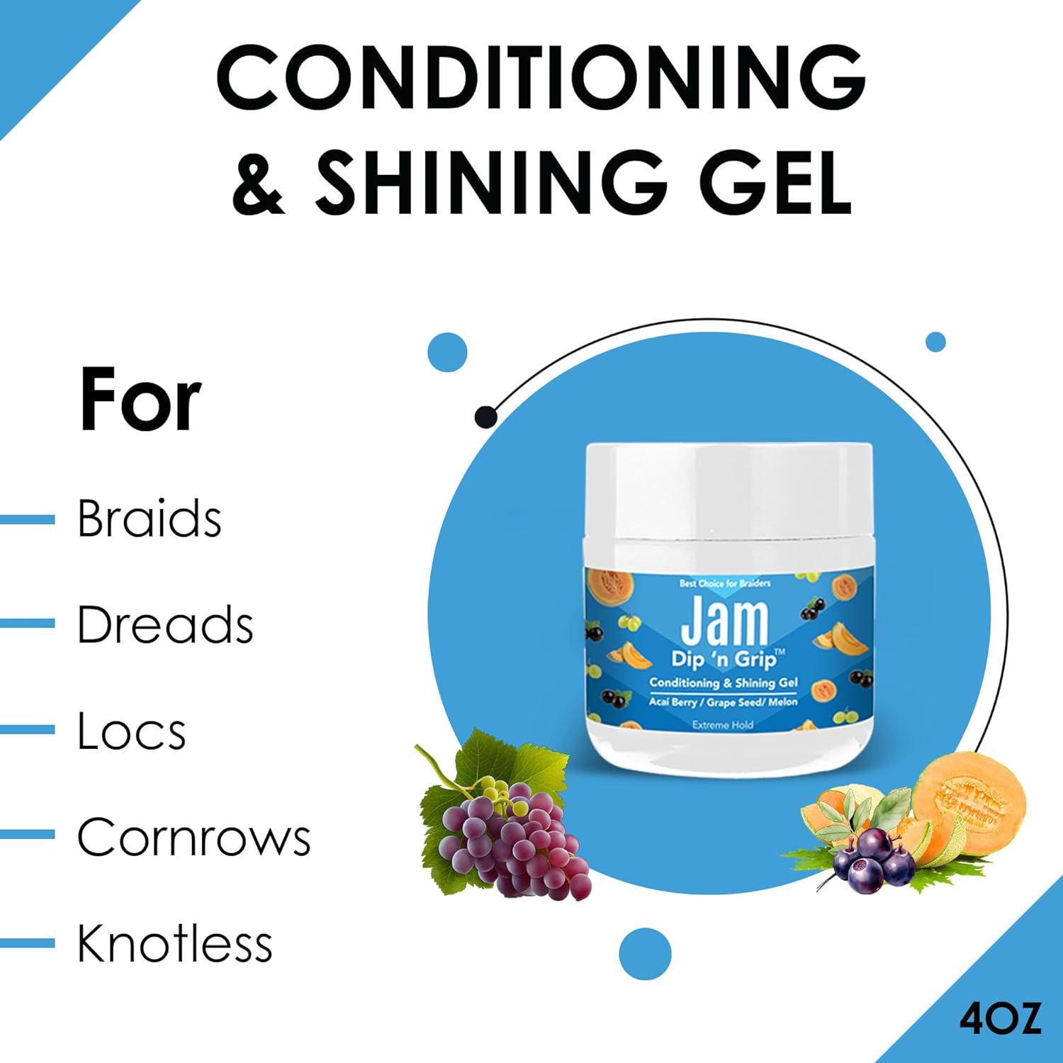 Jam Conditioning & Shining Gel Acai BerrySemilla de uvaMelón, fijación extrema, solución de peinado unisex (4 onzas)
