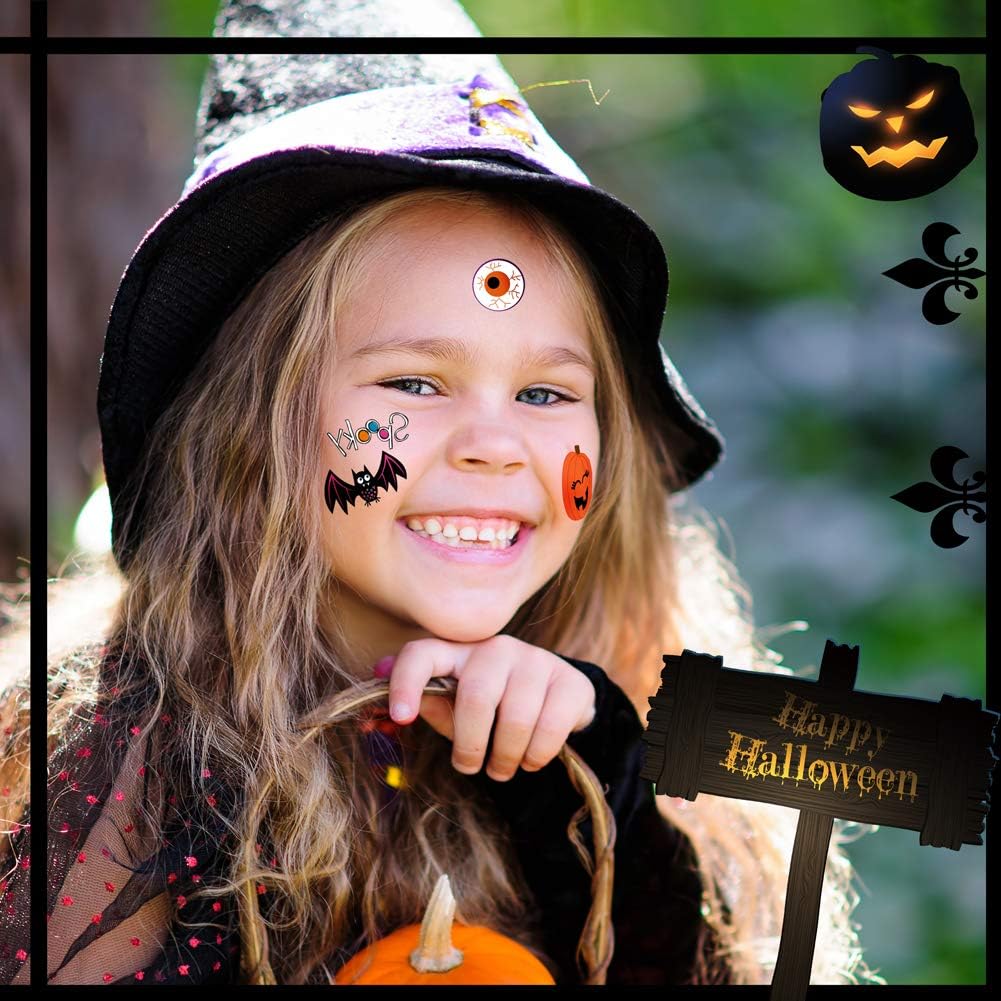 144 piezas de tatuaje temporal de Halloween, calcomanías impermeables de tatuajes de calabaza para niños, recuerdos de fiesta de niños, 72 patrones