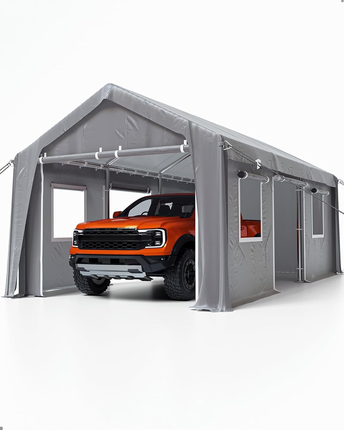 Carport – Garaje portátil de 13 x 20 pies, toldo resistente a prueba de agua de 200 GSM, con 4 puertas enrollables y 4 ventanas, para camioneta y