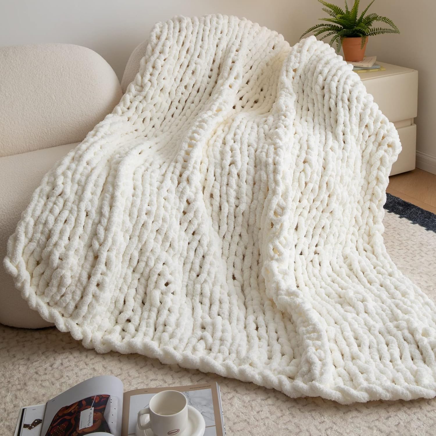 Manta de punto grueso, manta de punto para sofá o cama, manta suave y esponjosa con hilo de felpilla jumbo grueso, 100% hecha a mano (blanco crema,