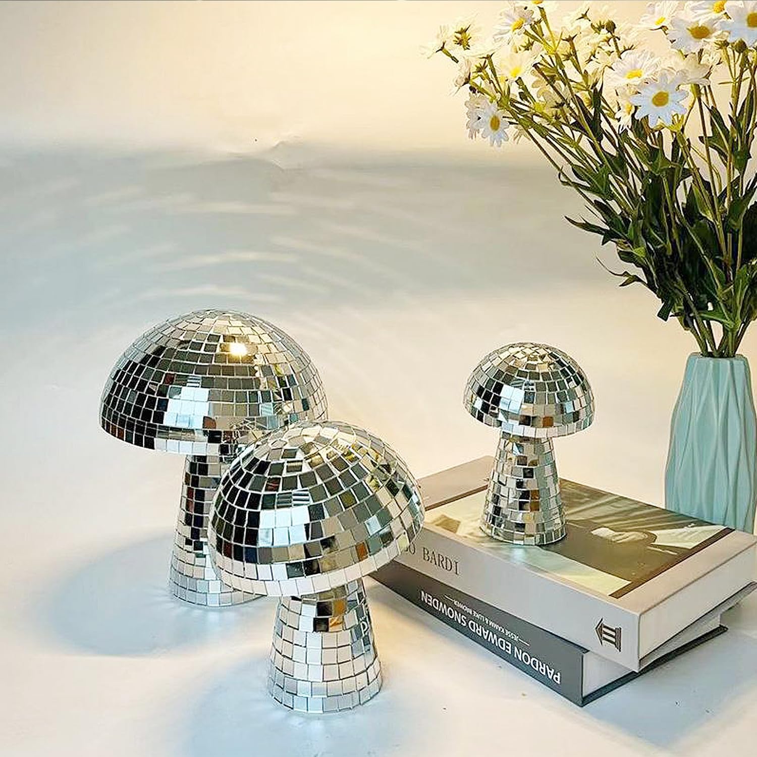 Bola de discoteca de hongos, espejo plateado con purpurina para decoración de mesa, luz reflectante para bar, pista de baile, fiesta, habitación,