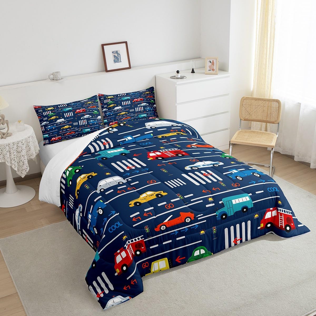 Feelyou Juego de ropa de cama con diseño de caricaturas para automóvil, tamaño Queen, con vehículos de transporte y automóviles, edredón de camión