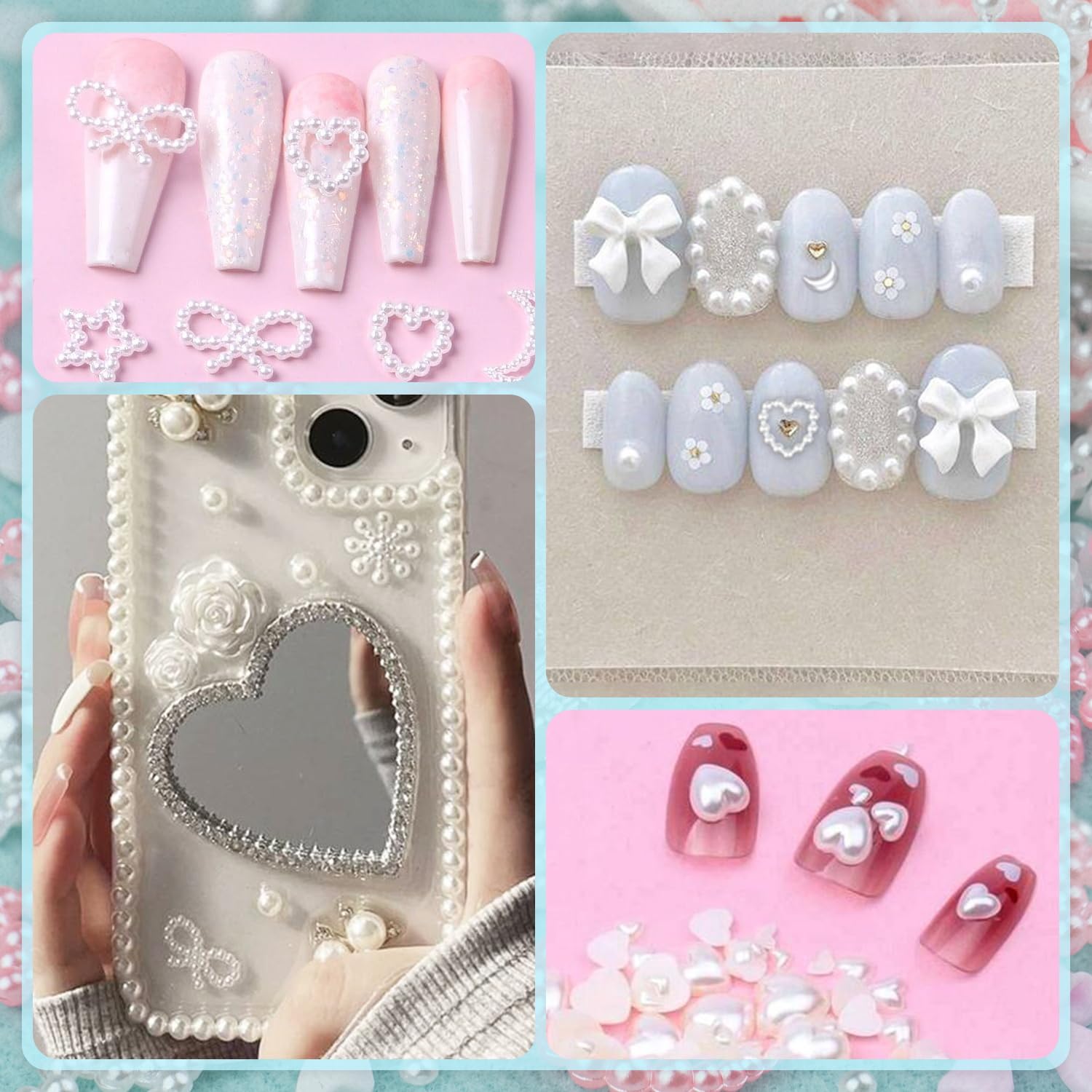 1200 dijes de uñas multiformas 3D y perlas de parte trasera plana, estilos mixtos de blanco y beige, adornos de corazón y estrella, arco de girasol