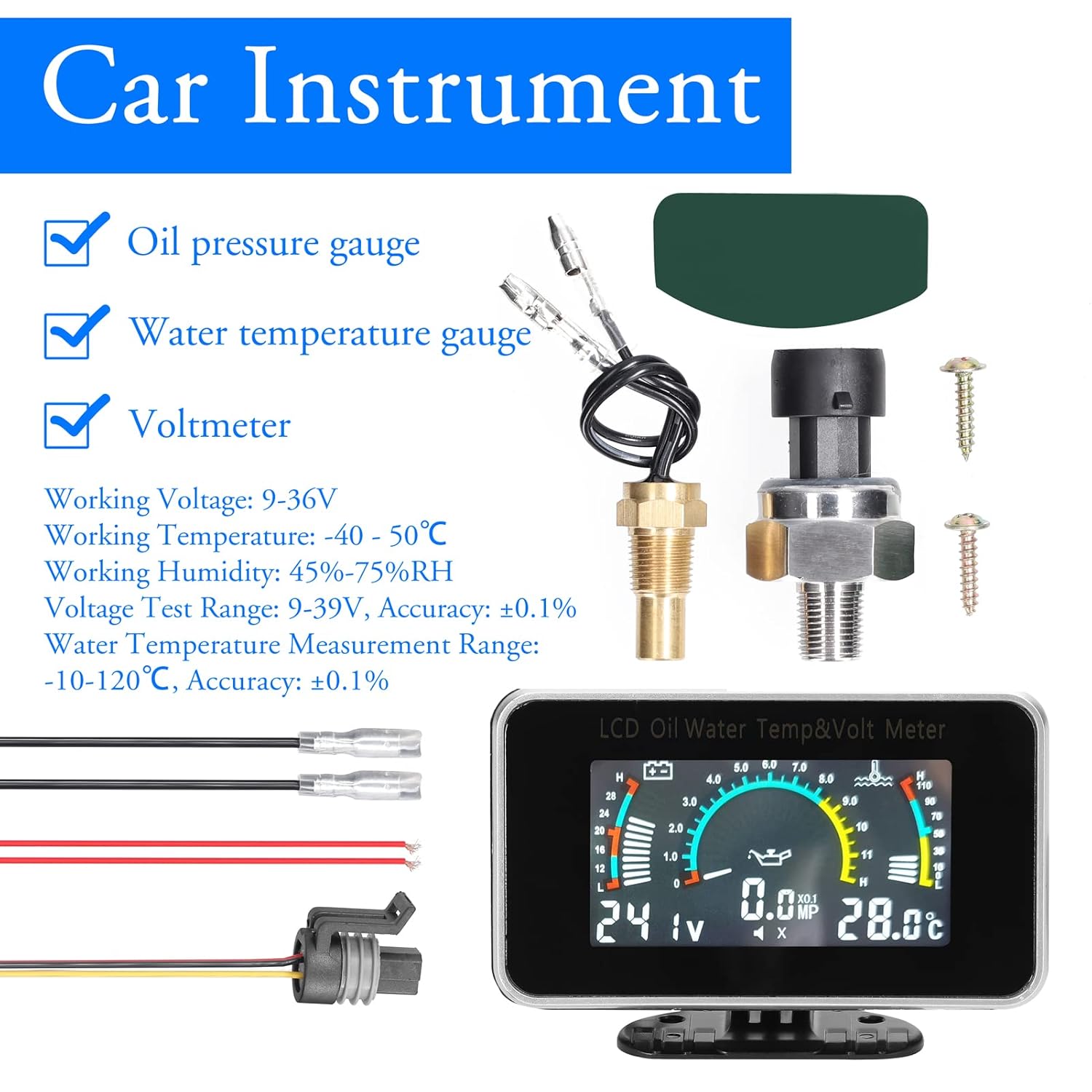 Aumotop Medidor LCD de coche 3 en 1, medidor digital de presión de aceite, medidor de temperatura del agua, instrumento universal 9-36V para coche,