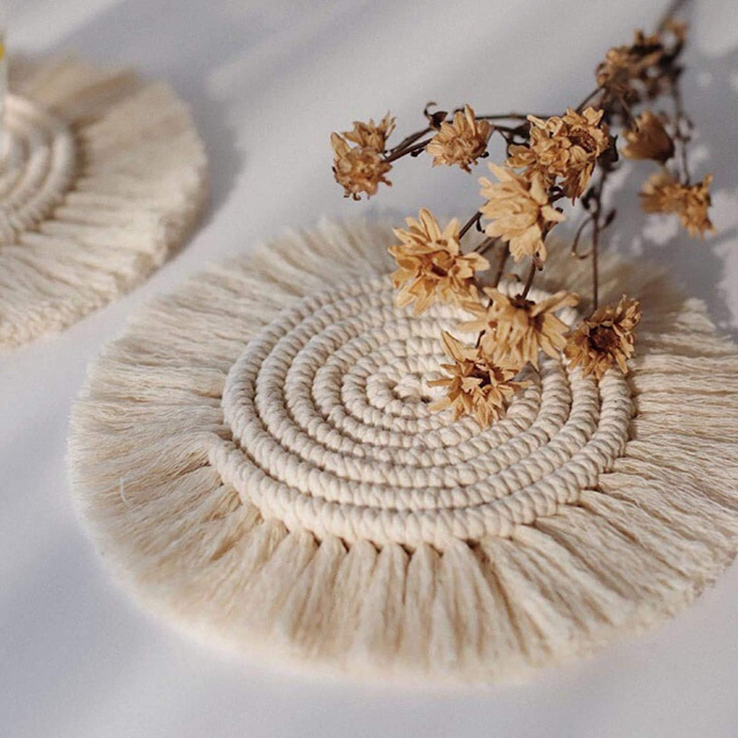 Posavasos de macramé hechos a mano para bebidas, juego de 2, posavasos redondos de algodón tejido absorbente, resistentes al calor, manteles de