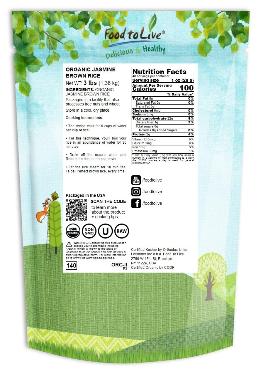 Arroz orgánico de jazmín marrón, 3 libras, sin OMG, arroz tailandés de grano entero, variedad de arroz de grano largo, no irradiado, kosher, vegano,