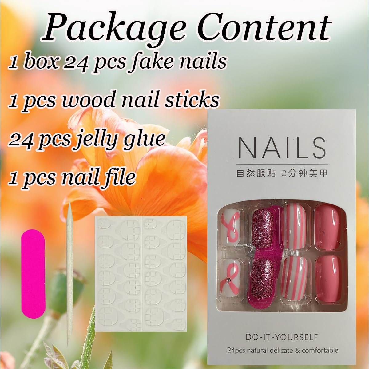 24 uñas postizas cuadradas a presión sobre cáncer de mama, uñas postizas medianas con cinta rosa con diamantes de imitación brillantes, uñas