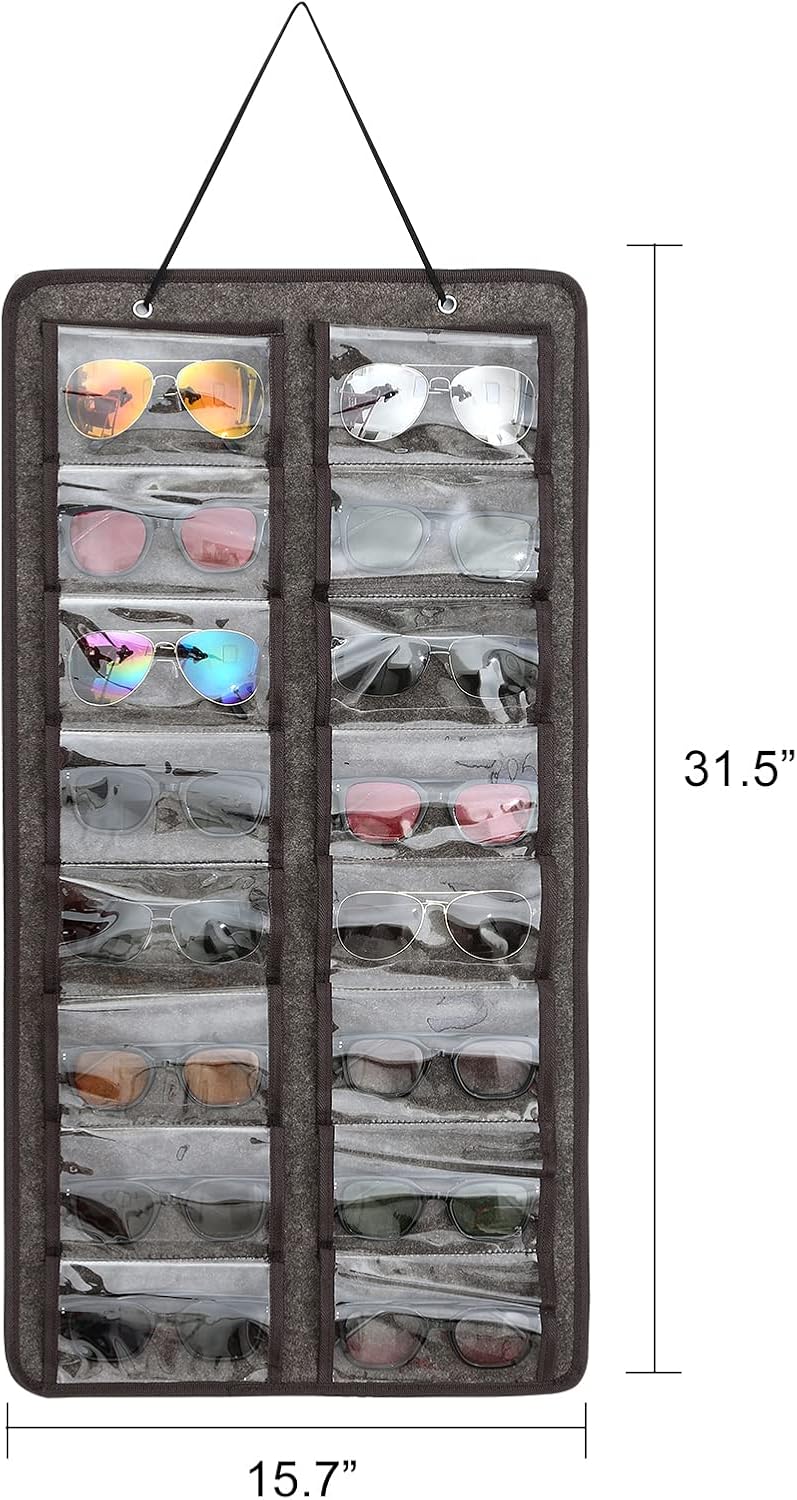 RZMAYIS Organizador de lentes de sol a prueba de polvo, organizador de lentes de sol colgante para colgar en la pared, 16 ranuras para gafas de sol,