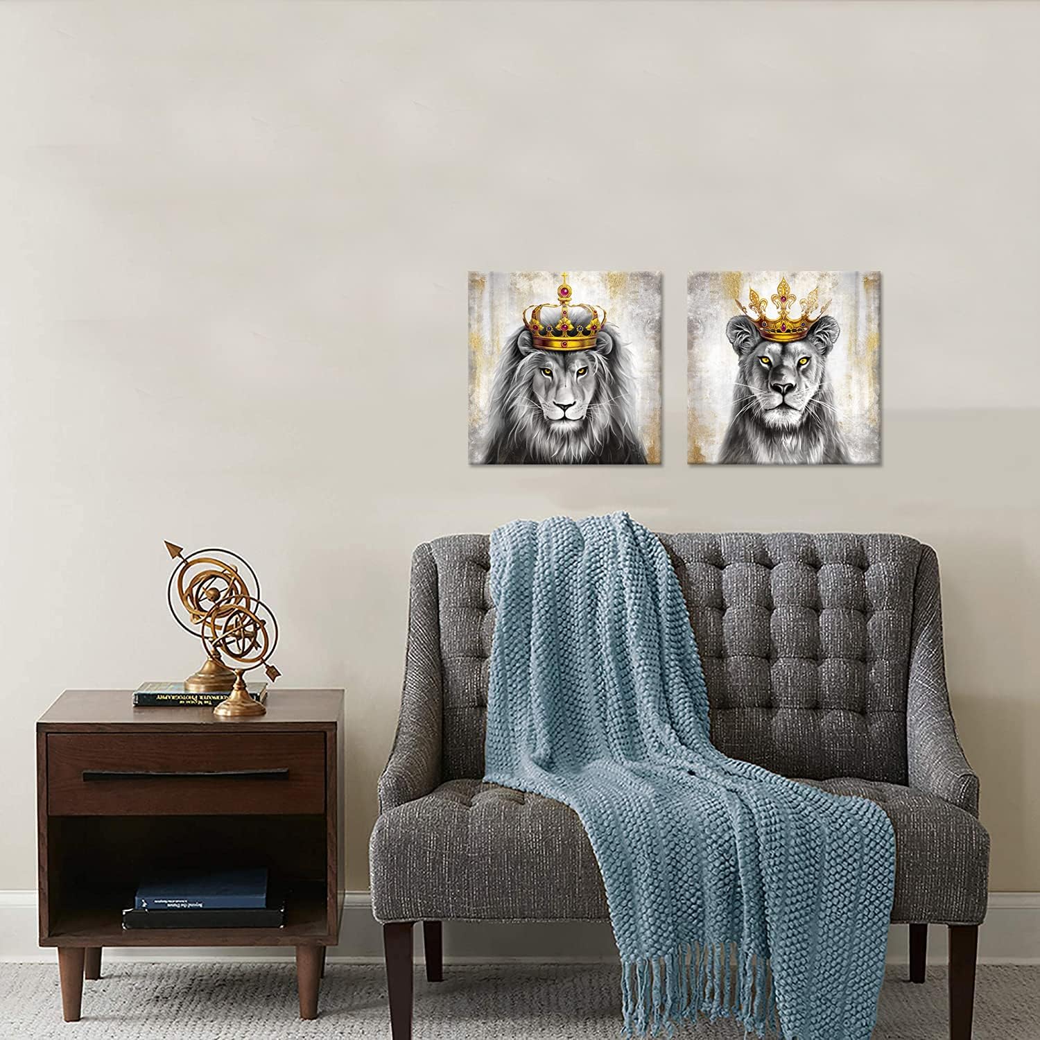 DuoBaorom 2 piezas de lienzo de león y leona de animales rey, arte de pared de león con corona dorada, imagen gris y dorada, impresión giclée,